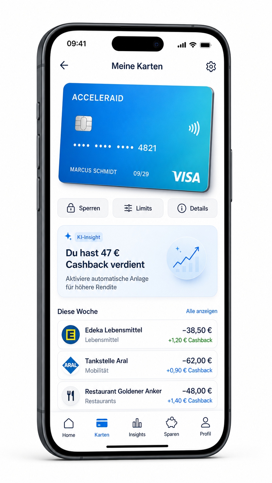ACCELERAID Banking App — Meine Karten mit KI-Insight Cashback