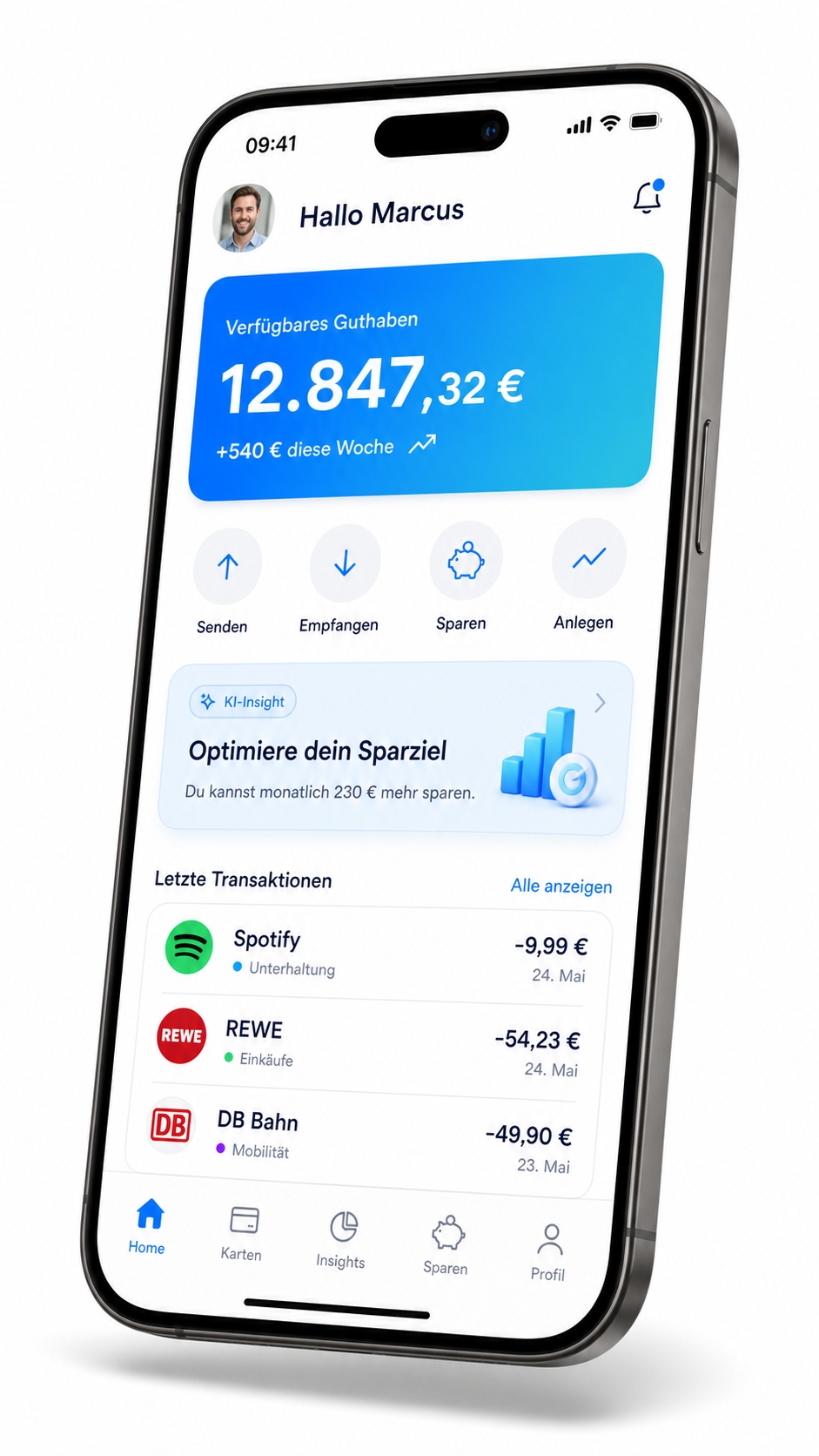 ACCELERAID Personalised Banking App — AI-powered home screen showing KI-Insight, balance overview and transaction categorisation for Marcus