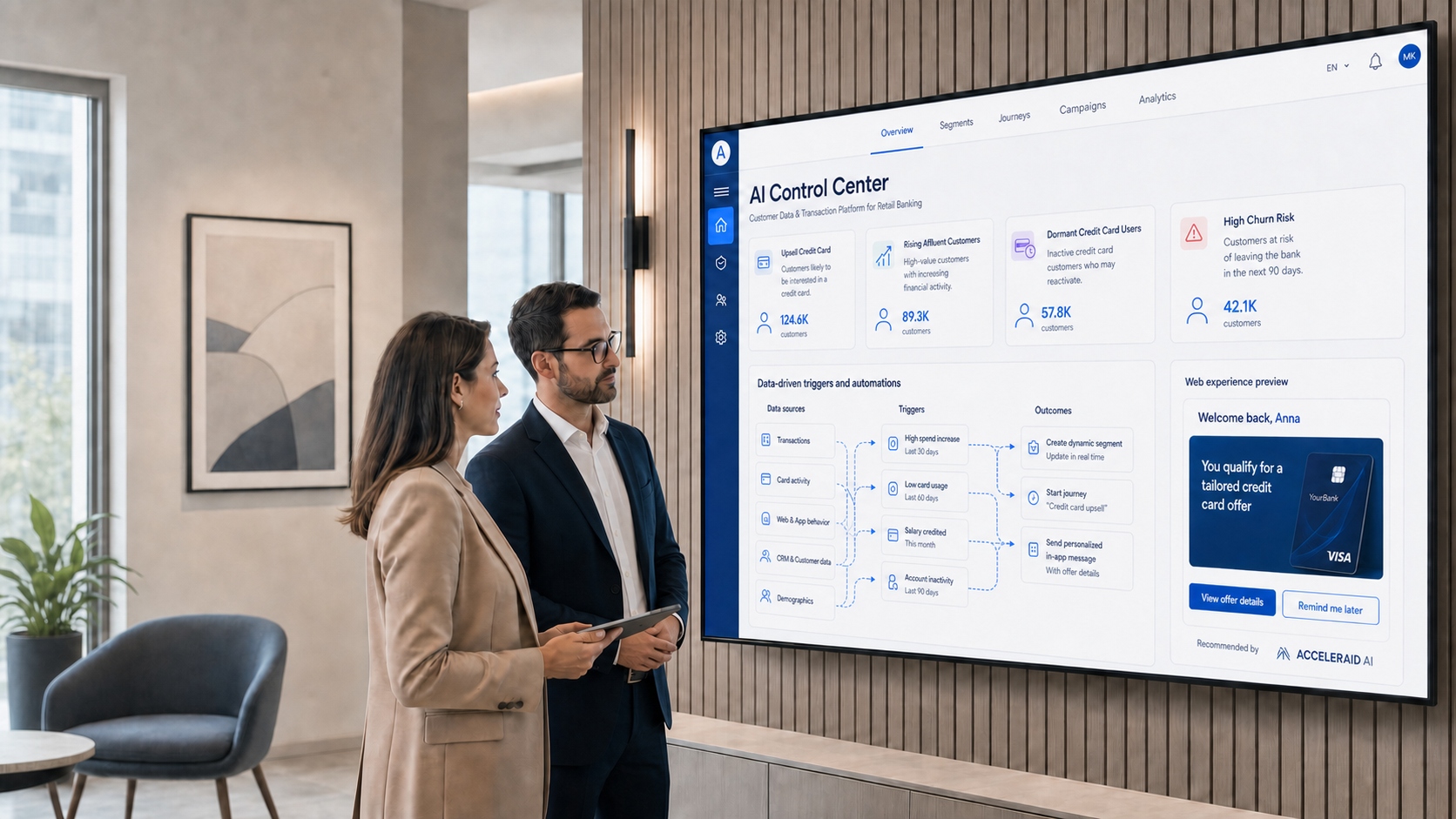 Banking team reviewing ACCELERAID AI Control Center for credit card lifecycle management